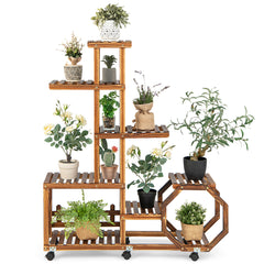Estante de Madera para Plantas de Múltiples Capas Estante para Flores con Ruedas Bloqueables para Balcón Jardín Patio 107 x 29 x 126 cm