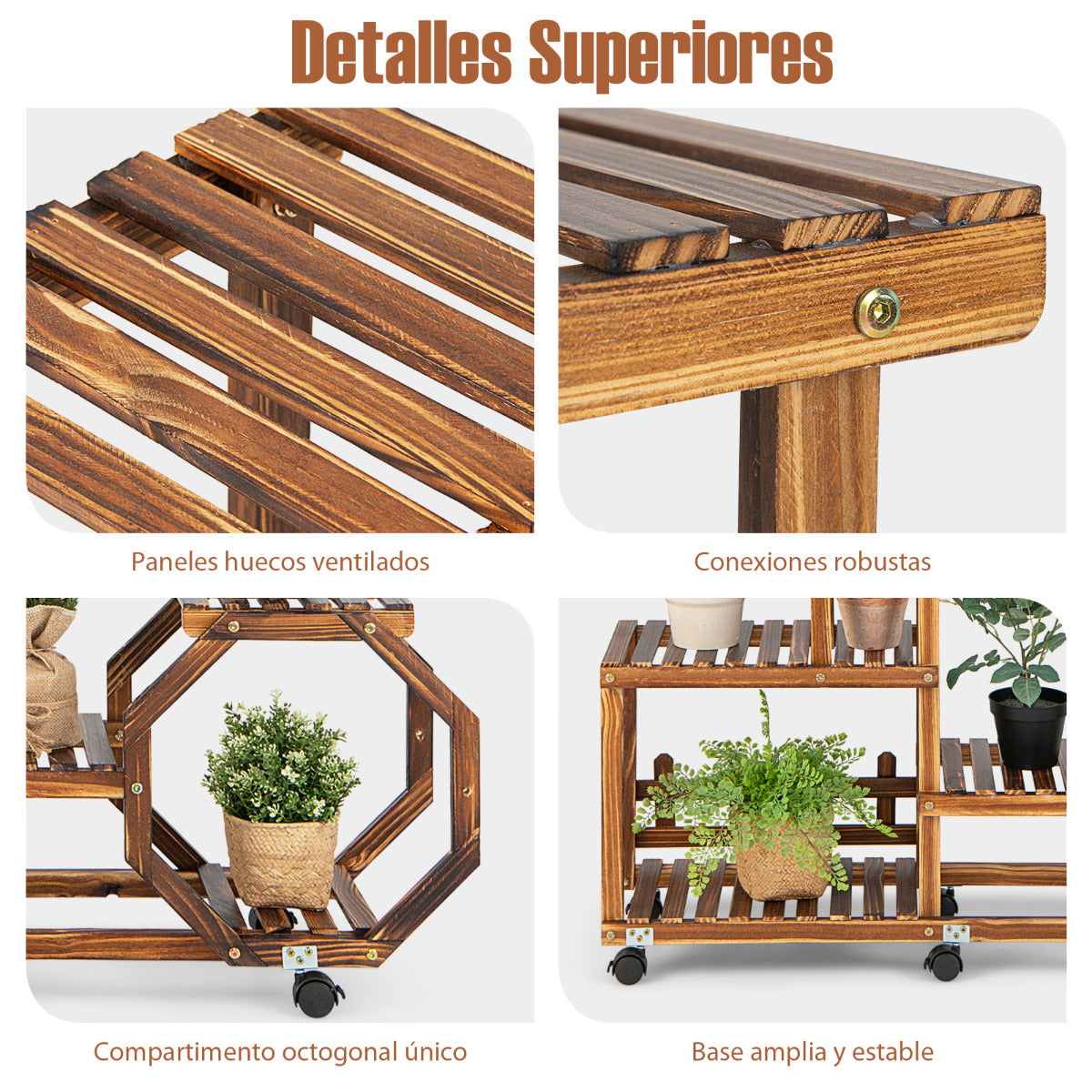 Estante de Madera para Plantas de Múltiples Capas Estante para Flores con Ruedas Bloqueables para Balcón Jardín Patio 107 x 29 x 126 cm