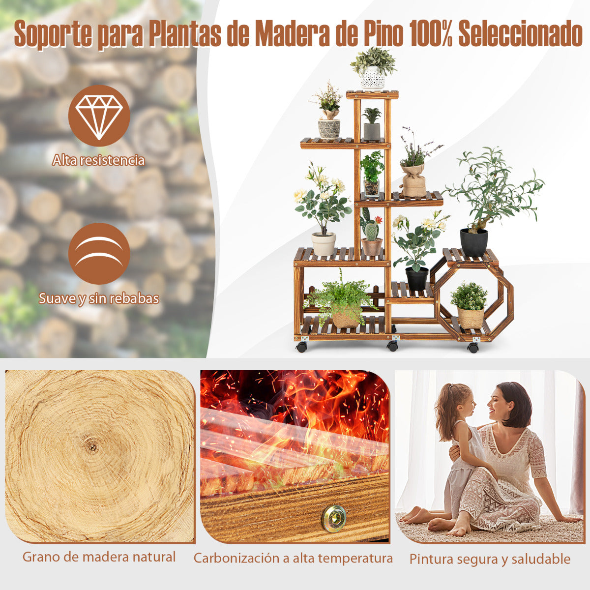 Estante de Madera para Plantas de Múltiples Capas Estante para Flores con Ruedas Bloqueables para Balcón Jardín Patio 107 x 29 x 126 cm