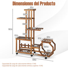 Estante de Madera para Plantas de Múltiples Capas Estante para Flores con Ruedas Bloqueables para Balcón Jardín Patio 107 x 29 x 126 cm