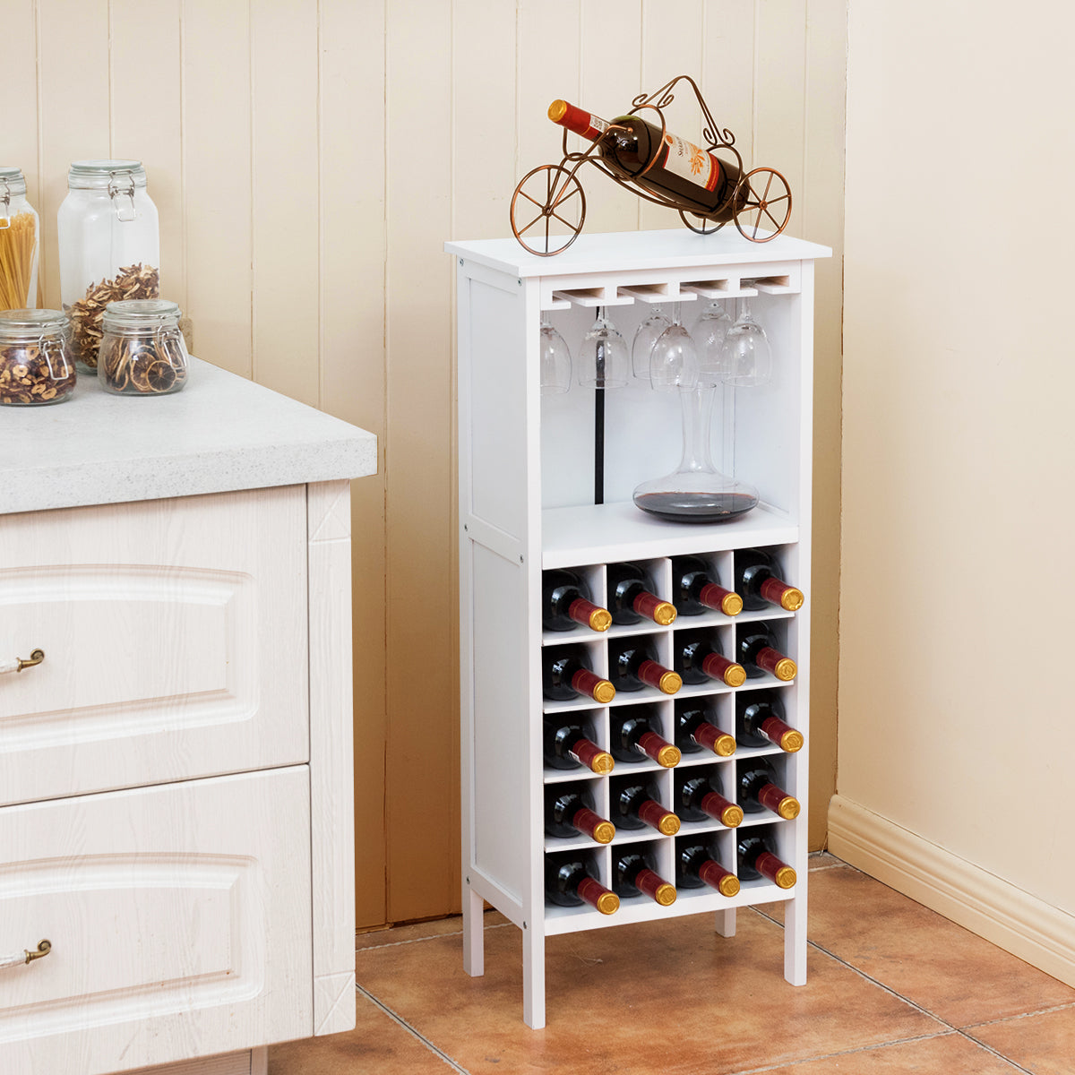 Estante de Vino Botellero para 20 Botellas con Soporte de Copas Madera de Pino 24,5 x 42 x 96 cm Blanco