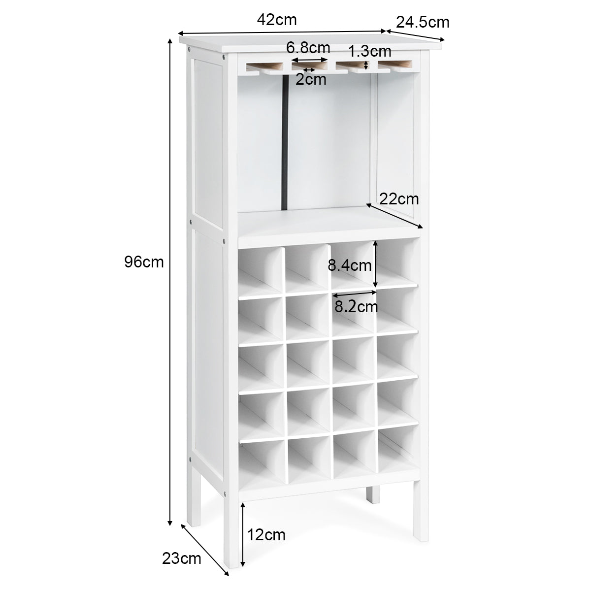 Estante de Vino Botellero para 20 Botellas con Soporte de Copas Madera de Pino 24,5 x 42 x 96 cm Blanco