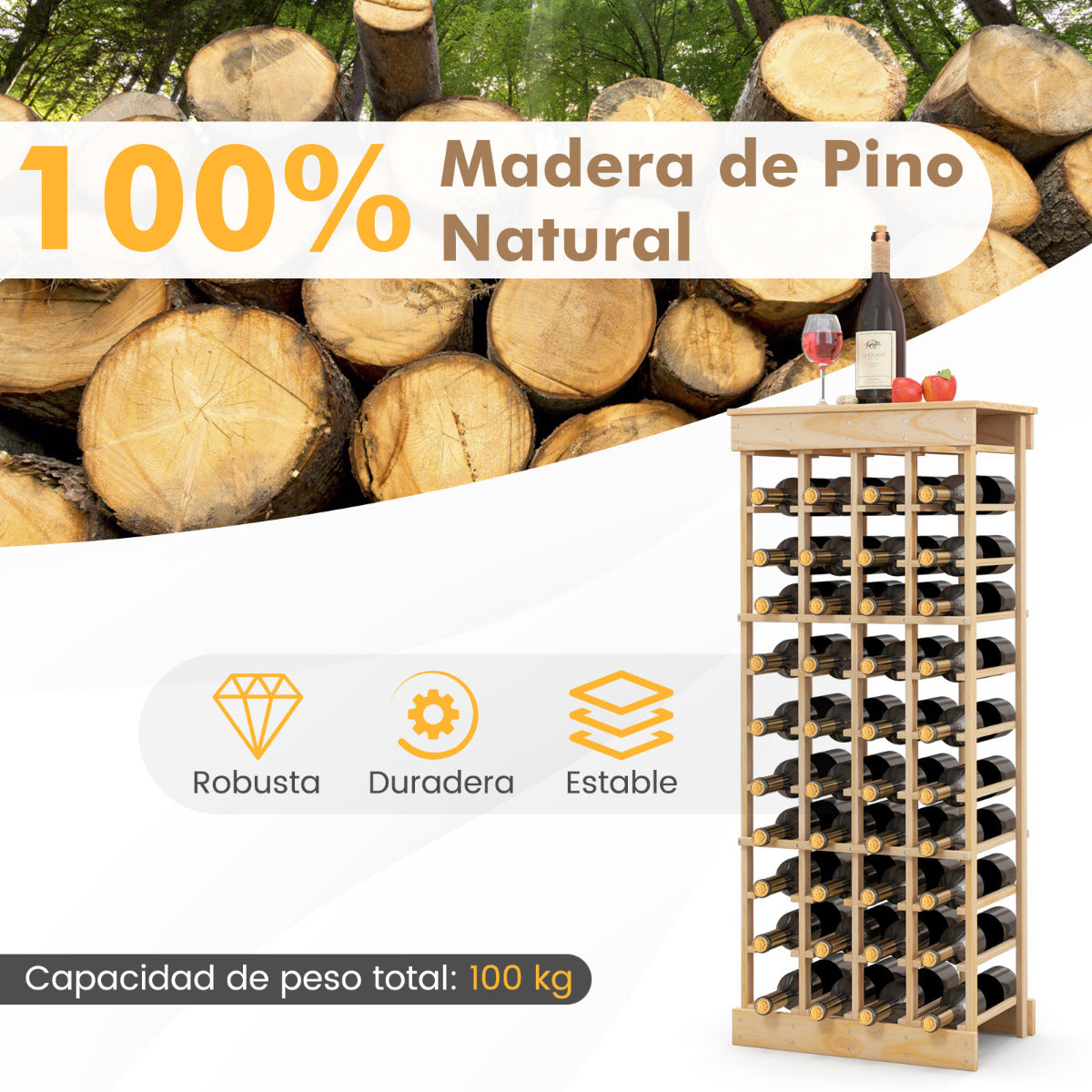 Estante de Vino sin Barra de 10 Niveles Botellero Apilable para 40 Botellas 750 ml de Madera Pino Armario Estante 47 x 28 x 113 cm