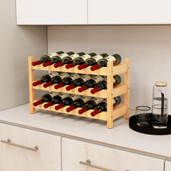 Estante de Vino de Bambú de 3 Niveles Soporte para 18 Botellas de Vino con Ranuras en Onda Mostrador para Cocina Despensa Bar Bodega Natural