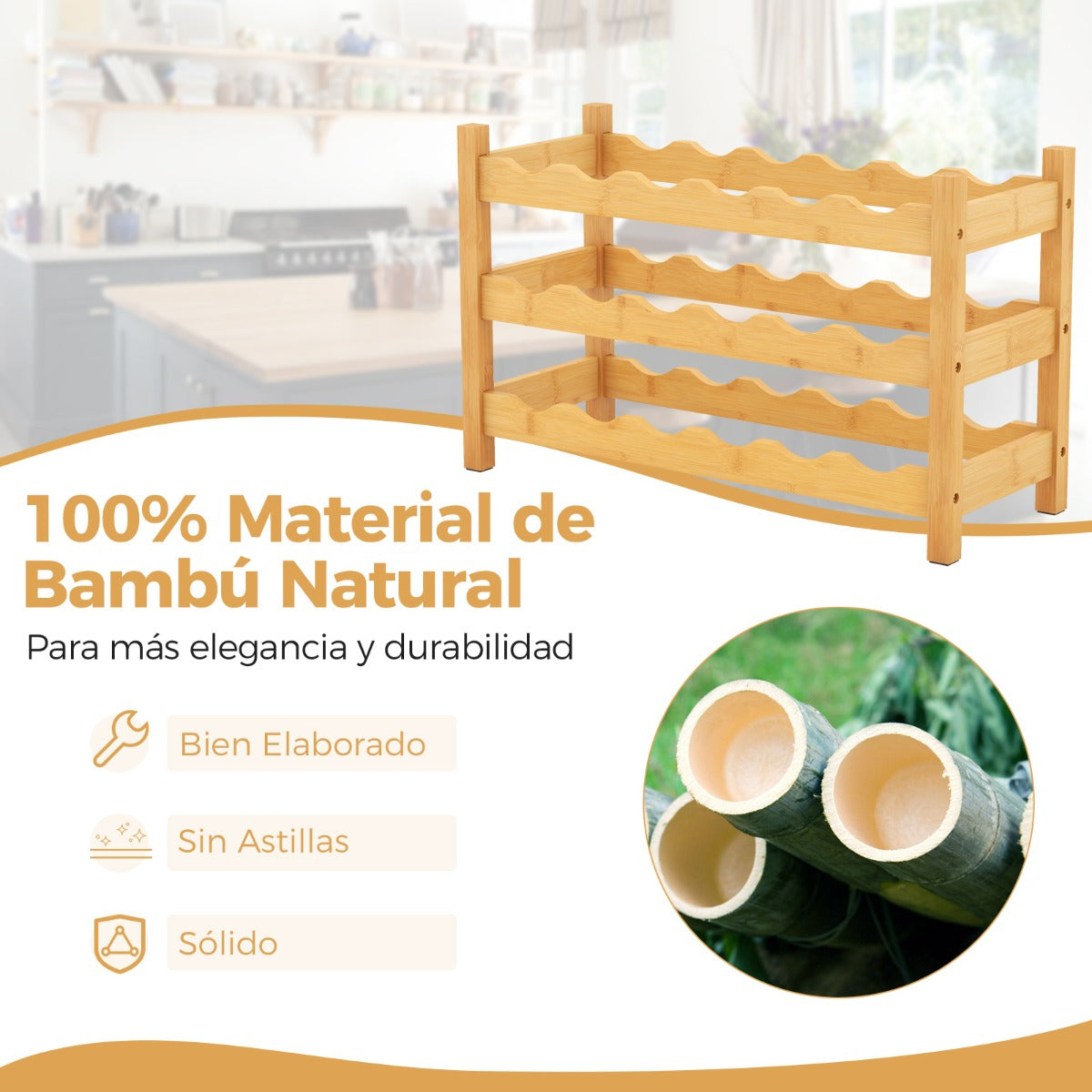 Estante de Vino de Bambú de 3 Niveles Soporte para 18 Botellas de Vino con Ranuras en Onda Mostrador para Cocina Despensa Bar Bodega Natural
