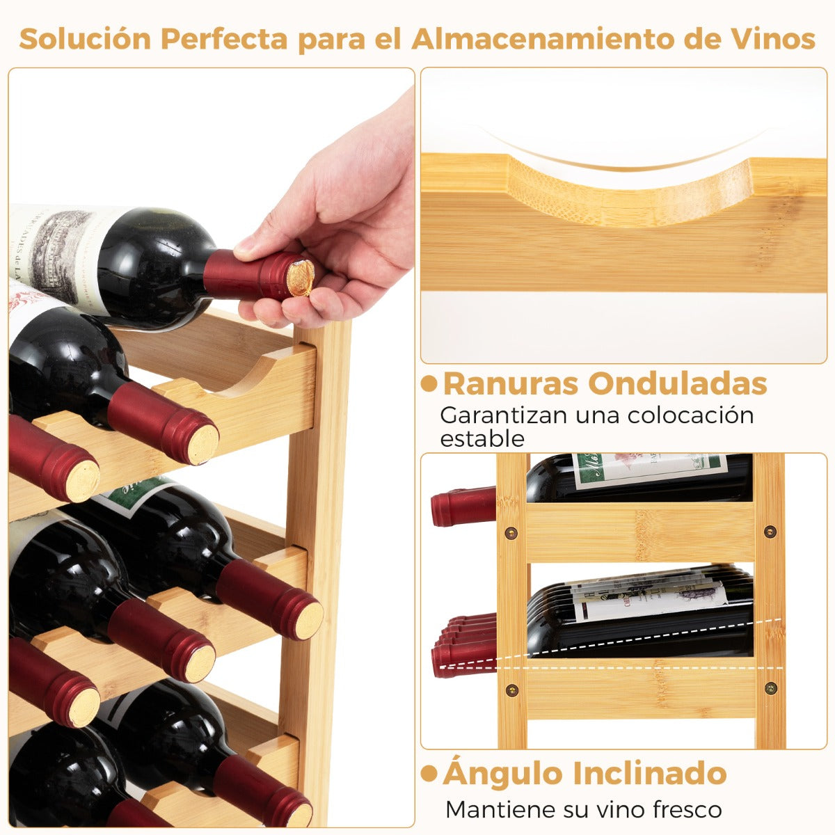 Estante de Vino de Bambú de 3 Niveles Soporte para 18 Botellas de Vino con Ranuras en Onda Mostrador para Cocina Despensa Bar Bodega Natural