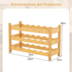 Estante de Vino de Bambú de 3 Niveles Soporte para 18 Botellas de Vino con Ranuras en Onda Mostrador para Cocina Despensa Bar Bodega Natural