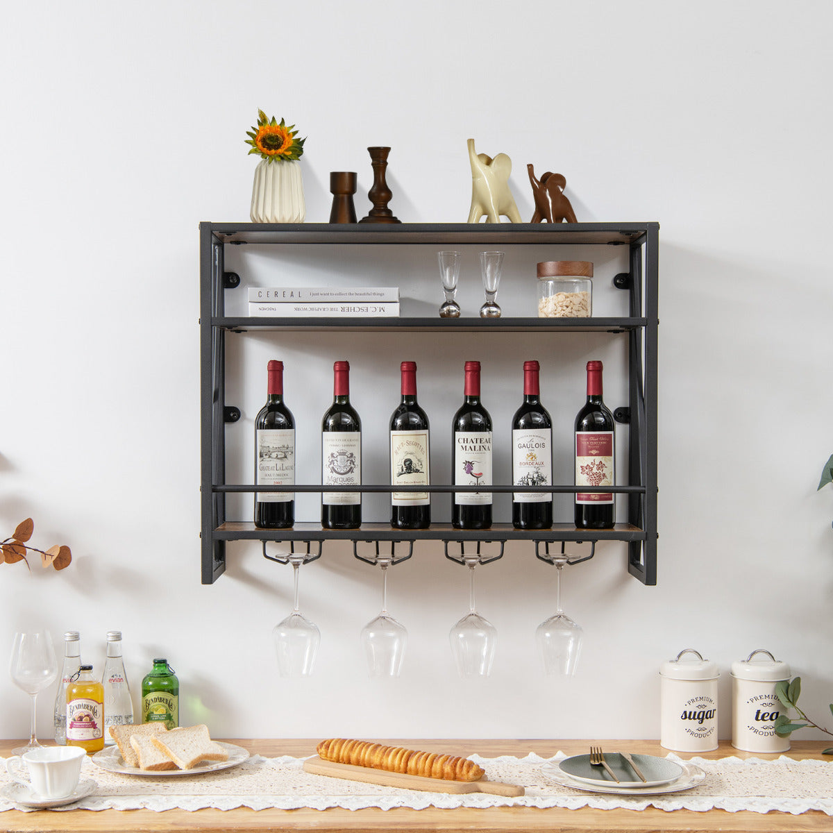 Estante de Vino Industrial de Pared Botellero de Metal 3 Niveles 4 Portavasos Soporte de Botellas para Bar Cocina 80 x 20 x 63 cm Marrón