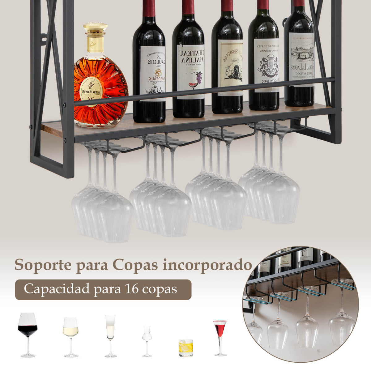 Estante de Vino Industrial de Pared Botellero de Metal 3 Niveles 4 Portavasos Soporte de Botellas para Bar Cocina 80 x 20 x 63 cm Marrón
