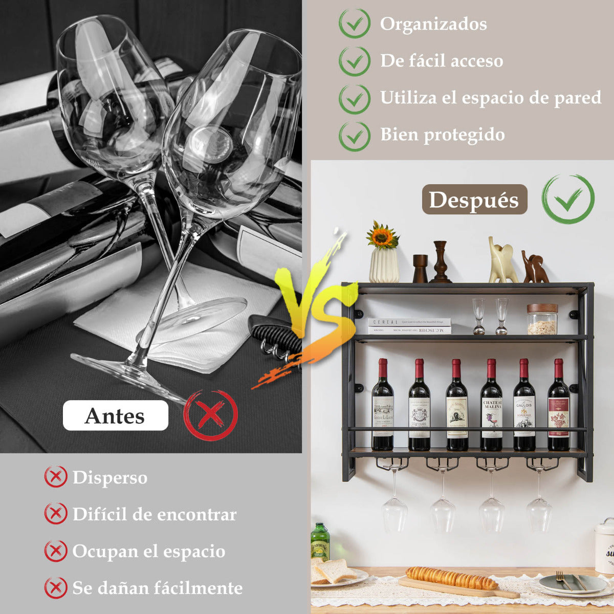 Estante de Vino Industrial de Pared Botellero de Metal 3 Niveles 4 Portavasos Soporte de Botellas para Bar Cocina 80 x 20 x 63 cm Marrón