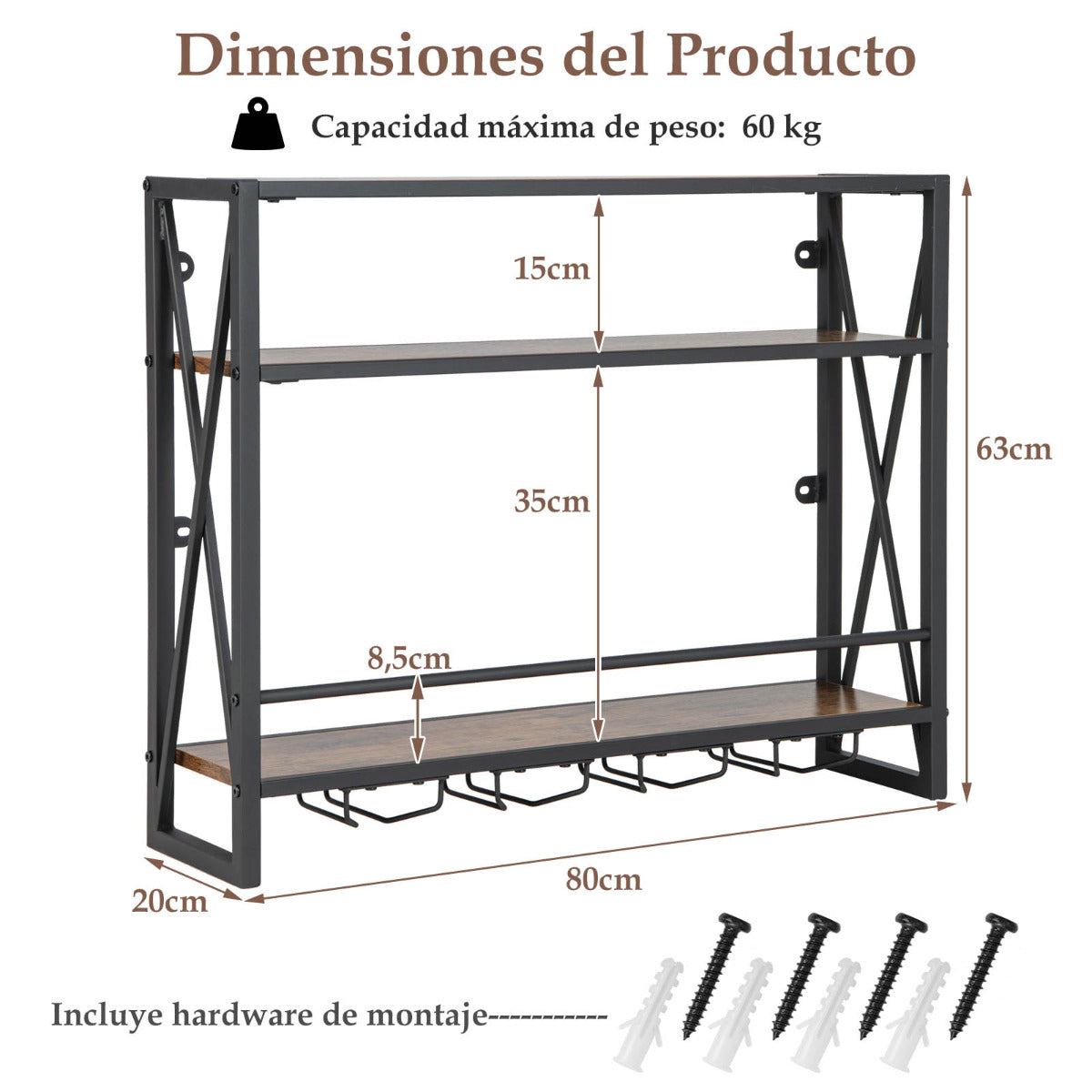 Estante de Vino Industrial de Pared Botellero de Metal 3 Niveles 4 Portavasos Soporte de Botellas para Bar Cocina 80 x 20 x 63 cm Marrón