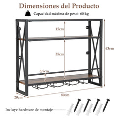 Estante de Vino Industrial de Pared Botellero de Metal 3 Niveles 4 Portavasos Soporte de Botellas para Bar Cocina 80 x 20 x 63 cm Marrón