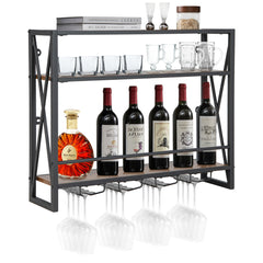 Estante de Vino Industrial de Pared Botellero de Metal 3 Niveles 4 Portavasos Soporte de Botellas para Bar Cocina 80 x 20 x 63 cm Marrón