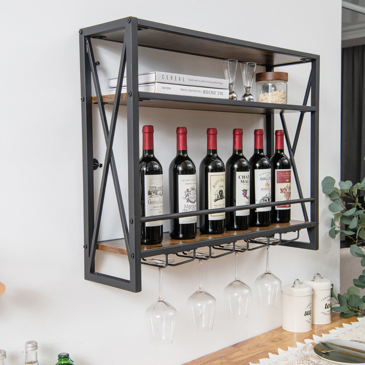 Estante de Vino Industrial de Pared Botellero de Metal 3 Niveles 4 Portavasos Soporte de Botellas para Bar Cocina 80 x 20 x 63 cm Marrón