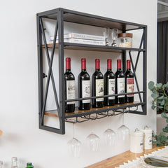 Estante de Vino Industrial de Pared Botellero de Metal 3 Niveles 4 Portavasos Soporte de Botellas para Bar Cocina 80 x 20 x 63 cm Marrón