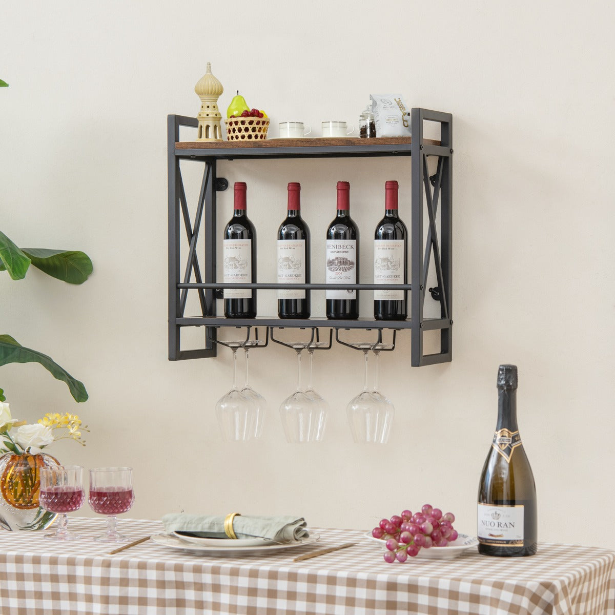 Estante de Vino Industrial Montada en la Pared Soporte de Botellas de Vino Colgante de Metal para Bar en Casa Cocina 60 x 20 x 55 cm Marrón