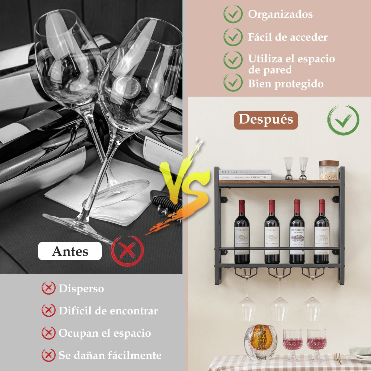 Estante de Vino Industrial Montada en la Pared Soporte de Botellas de Vino Colgante de Metal para Bar en Casa Cocina 60 x 20 x 55 cm Marrón