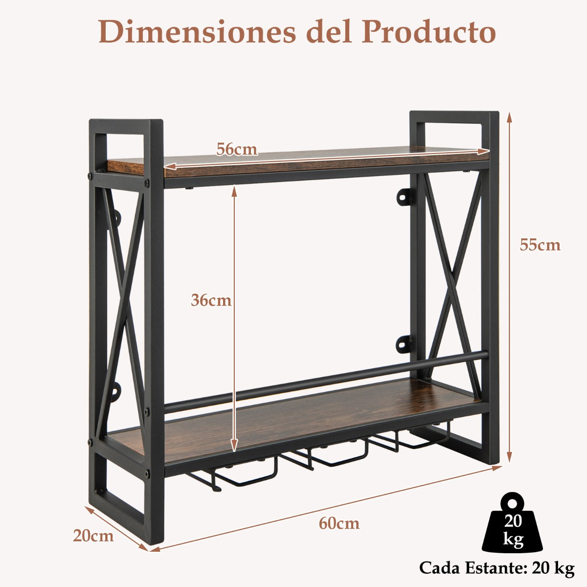 Estante de Vino Industrial Montada en la Pared Soporte de Botellas de Vino Colgante de Metal para Bar en Casa Cocina 60 x 20 x 55 cm Marrón