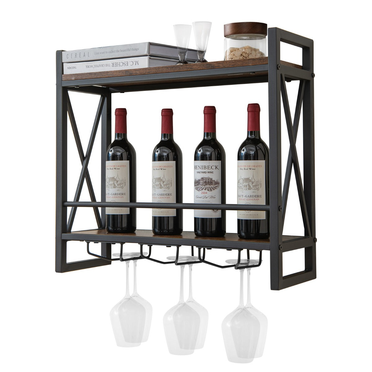 Estante de Vino Industrial Montada en la Pared Soporte de Botellas de Vino Colgante de Metal para Bar en Casa Cocina 60 x 20 x 55 cm Marrón