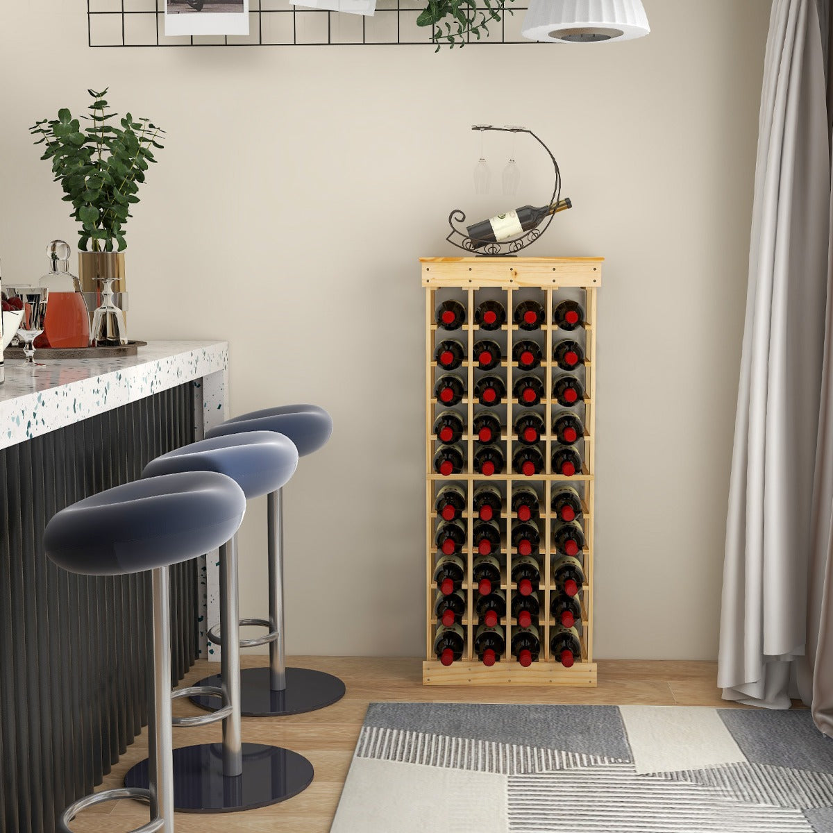 Estante de Vino con Barra de 10 Niveles Botellero Apilable para 40 Botellas 750 ml de Madera Pino Armario Estante 47 x 28 x 113 cm