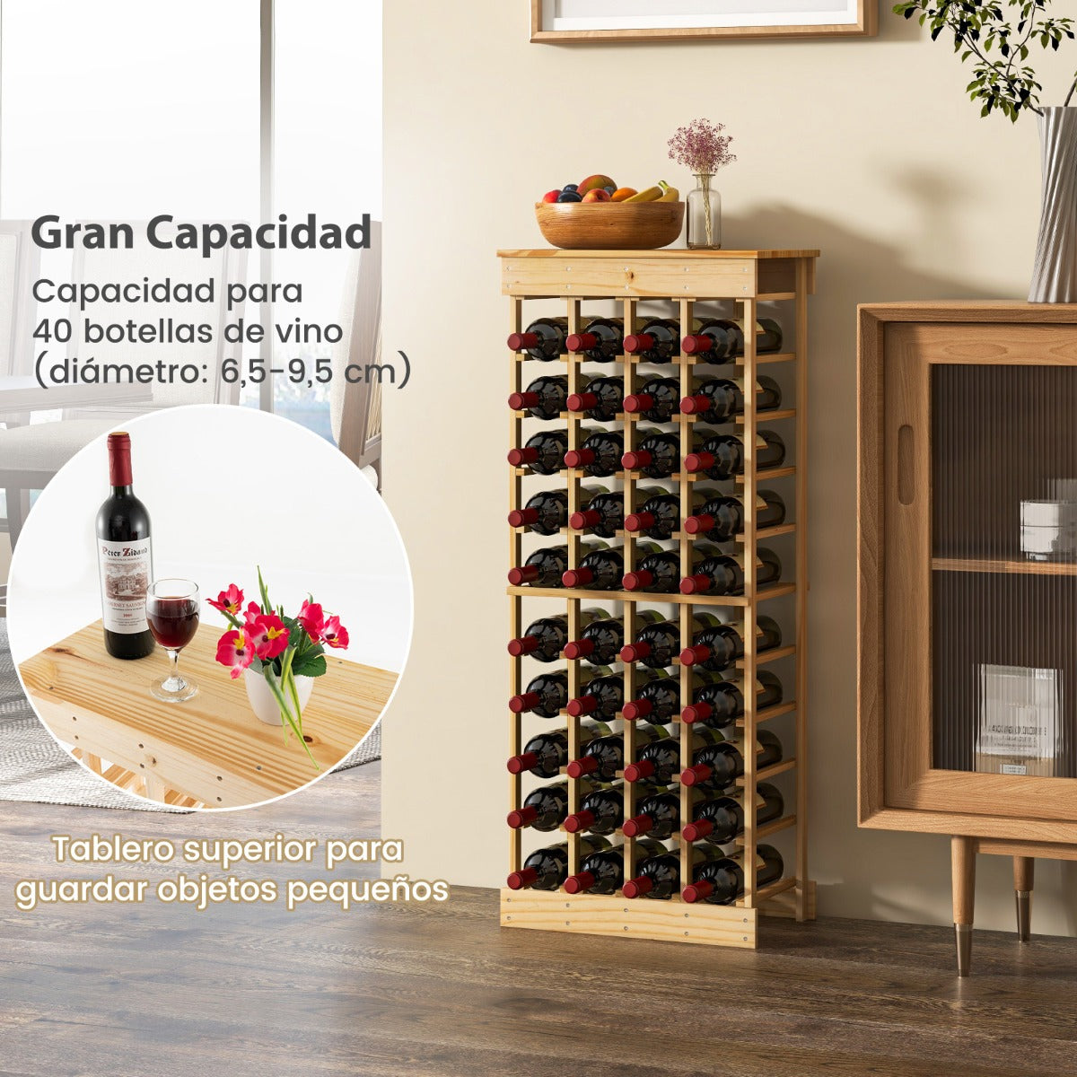 Estante de Vino con Barra de 10 Niveles Botellero Apilable para 40 Botellas 750 ml de Madera Pino Armario Estante 47 x 28 x 113 cm