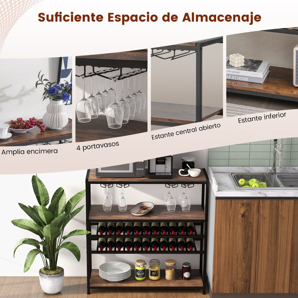 Estante de Vinos 5 Niveles para 20 Botellas Armario de Bar Independiente con Soportes de Copas para Cocina Comedor Buffet 100 x 35 x 101 cm