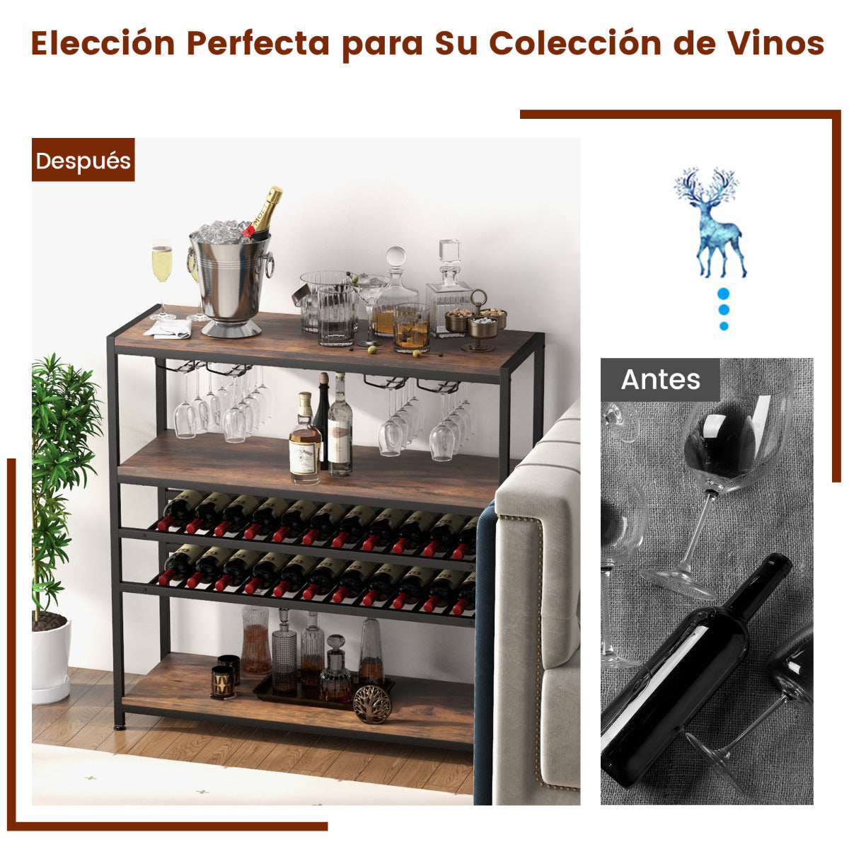 Estante de Vinos 5 Niveles para 20 Botellas Armario de Bar Independiente con Soportes de Copas para Cocina Comedor Buffet 100 x 35 x 101 cm