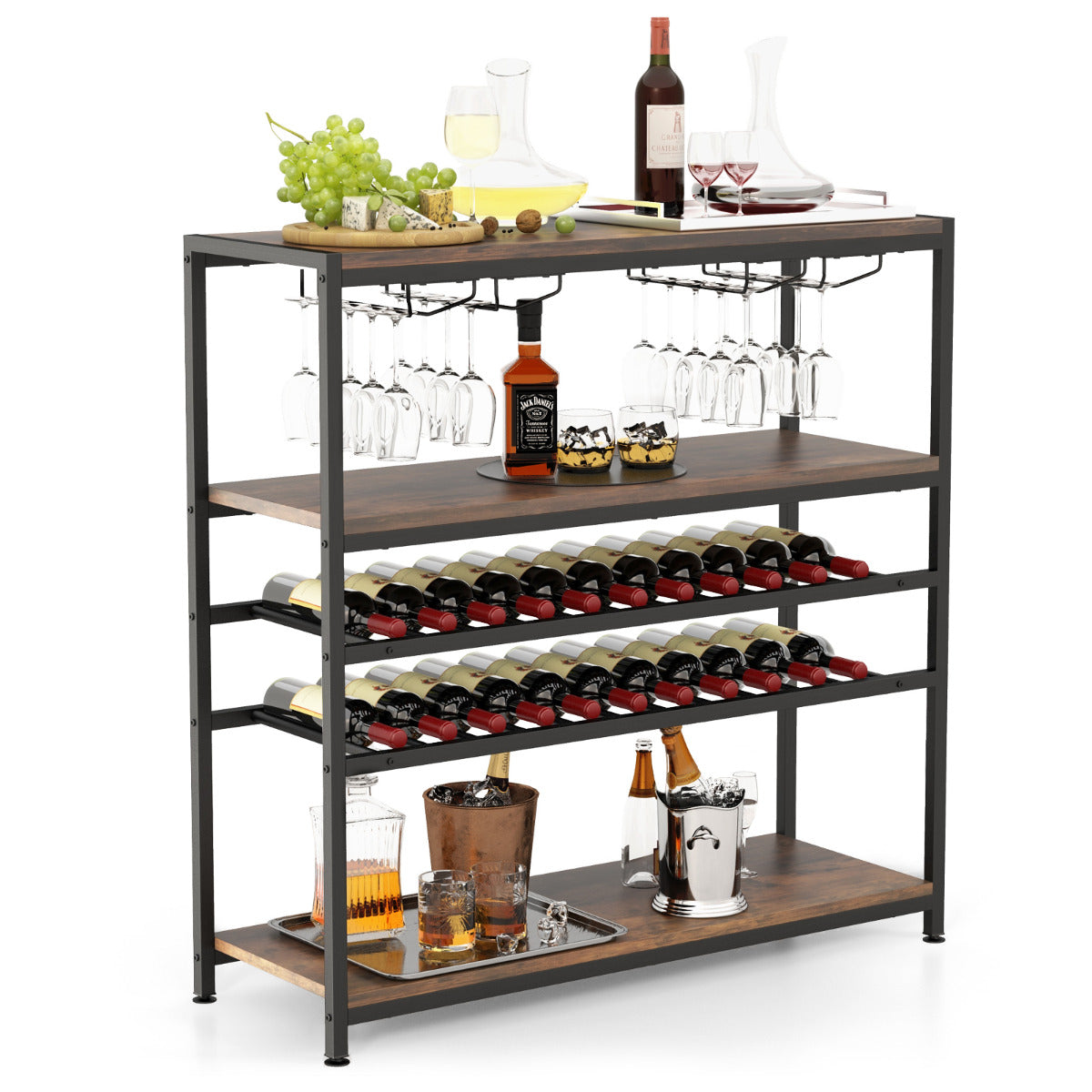 Estante de Vinos 5 Niveles para 20 Botellas Armario de Bar Independiente con Soportes de Copas para Cocina Comedor Buffet 100 x 35 x 101 cm