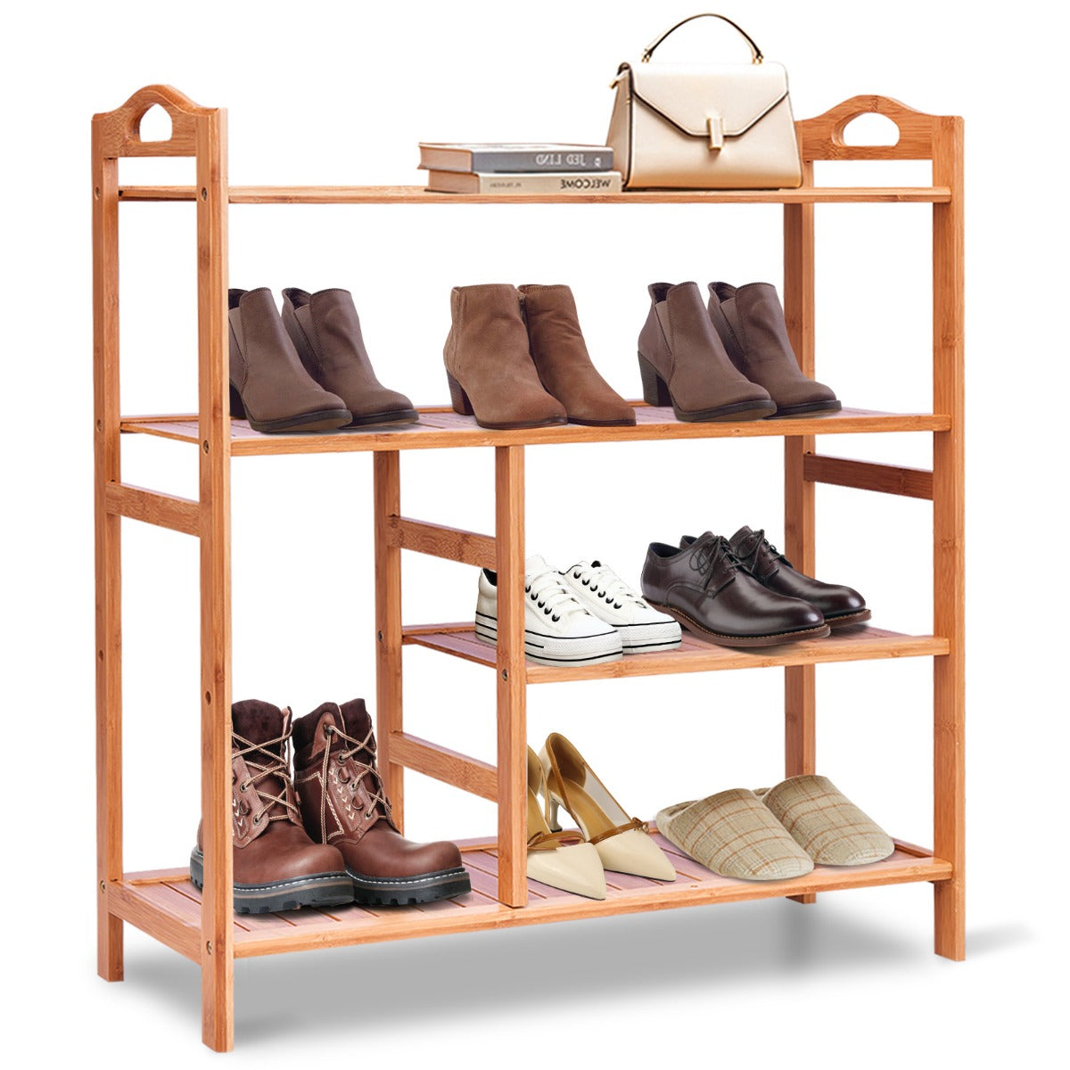 Estante de Zapatos de Bambú de 4 Niveles con Almacenamiento para Botas Estante de Exhibición Independiente para Entrada Pasillo 68,5x28x76cm