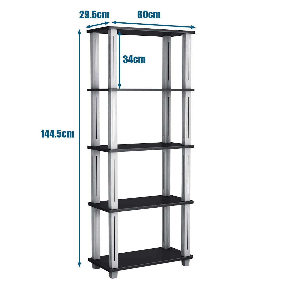 Estante de 5 Niveles Estantería Multiuso Expositor Organizador Compacto con Repisas Abiertas para Casa Garaje Almacén 60 x 29,5 x 144,5 cm Negro