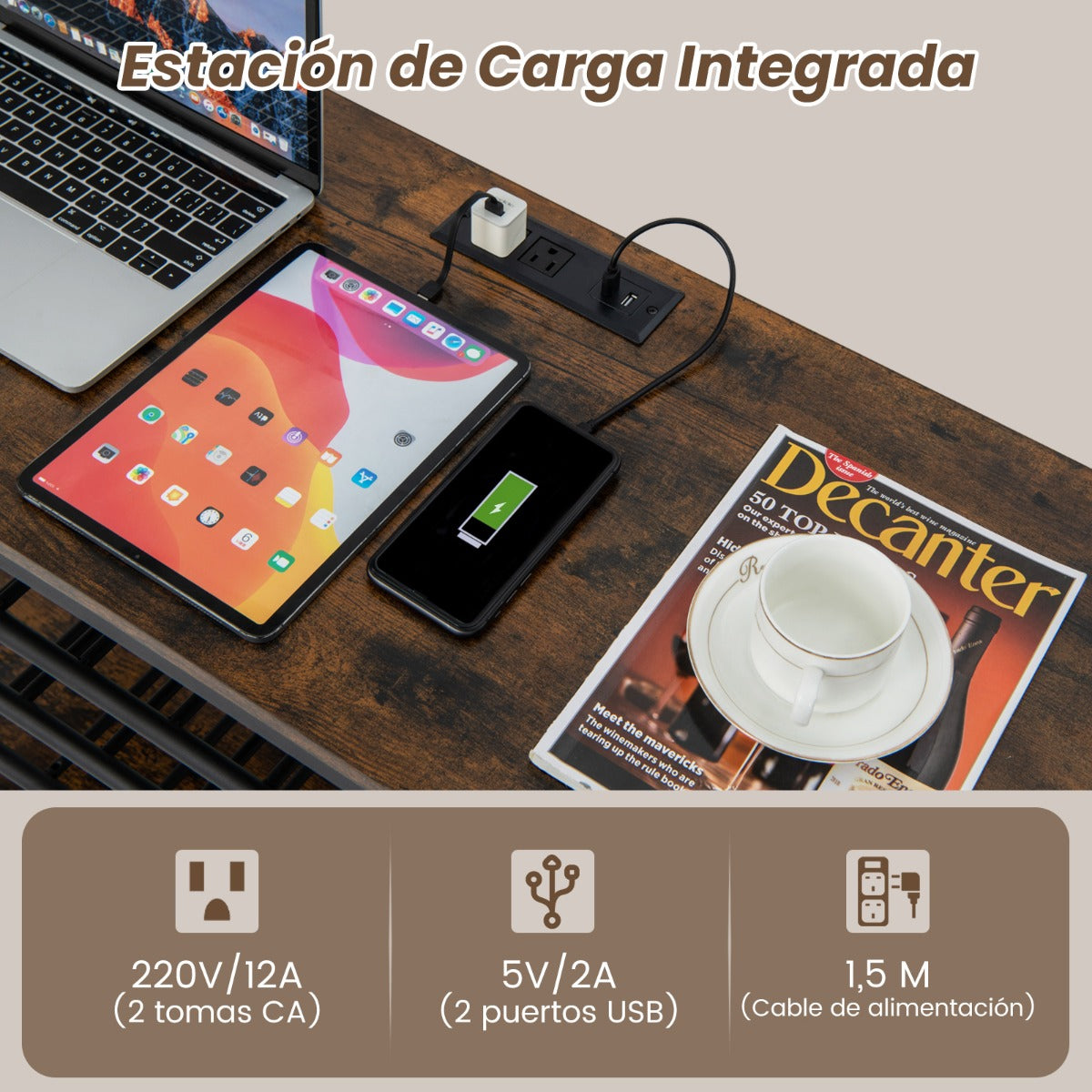 Gabinete de Vinos Estante para Vinos 3 Niveles con Soportes para Vasos Tomas de Corriente Botellero para Bar 120 x 40 x 92 cm Marrón