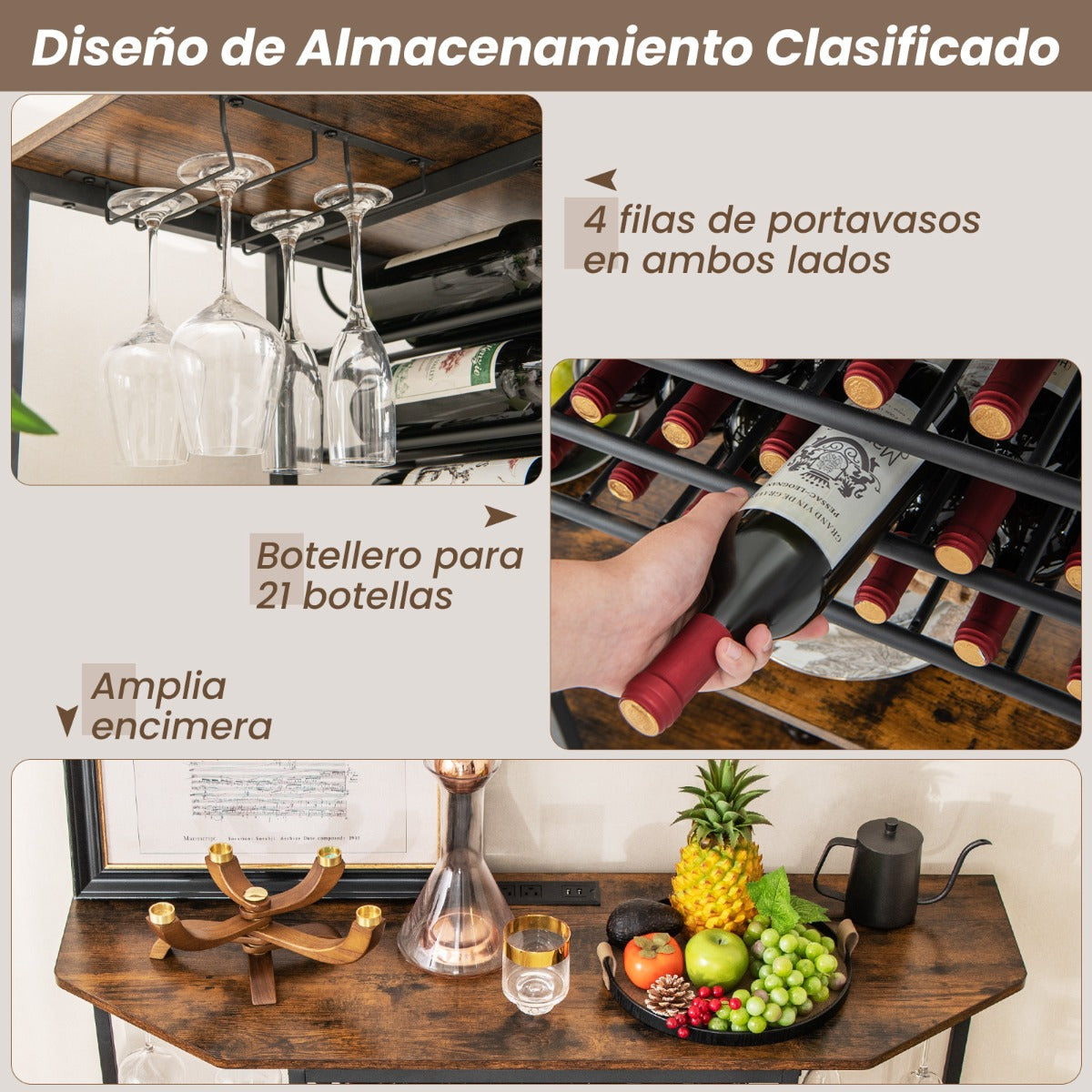 Gabinete de Vinos Estante para Vinos 3 Niveles con Soportes para Vasos Tomas de Corriente Botellero para Bar 120 x 40 x 92 cm Marrón