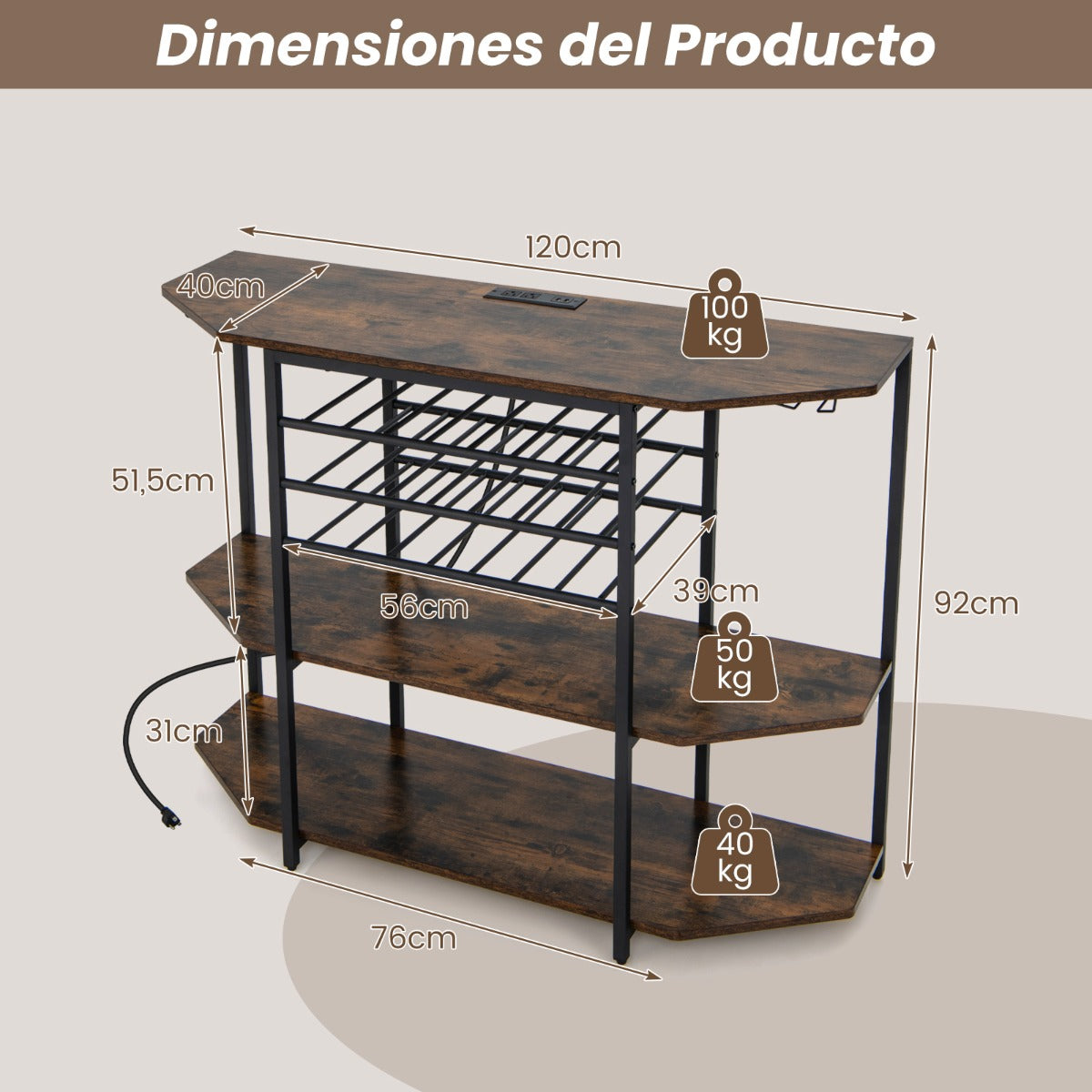Gabinete de Vinos Estante para Vinos 3 Niveles con Soportes para Vasos Tomas de Corriente Botellero para Bar 120 x 40 x 92 cm Marrón
