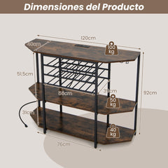 Gabinete de Vinos Estante para Vinos 3 Niveles con Soportes para Vasos Tomas de Corriente Botellero para Bar 120 x 40 x 92 cm Marrón