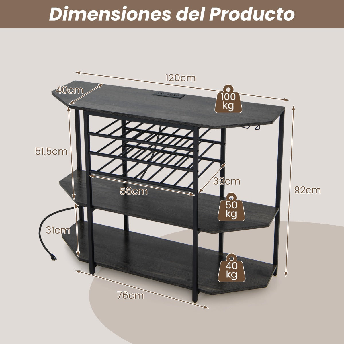 Gabinete de Vinos Estante para Vinos 3 Niveles con Soportes para Vasos Tomas de Corriente Botellero para Bar 120 x 40 x 92 cm Gris