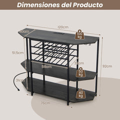Gabinete de Vinos Estante para Vinos 3 Niveles con Soportes para Vasos Tomas de Corriente Botellero para Bar 120 x 40 x 92 cm Gris