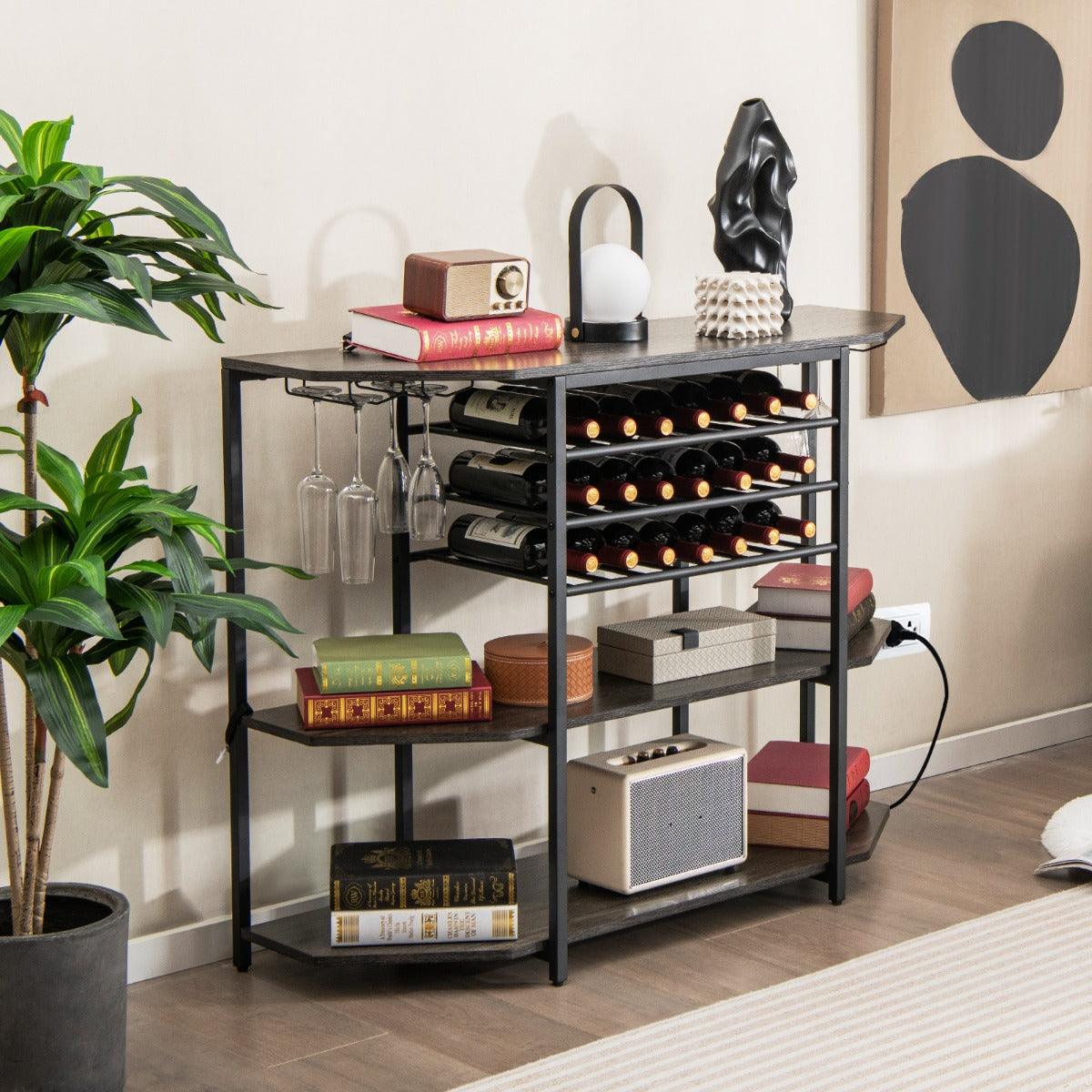 Gabinete de Vinos Estante para Vinos 3 Niveles con Soportes para Vasos Tomas de Corriente Botellero para Bar 120 x 40 x 92 cm Gris