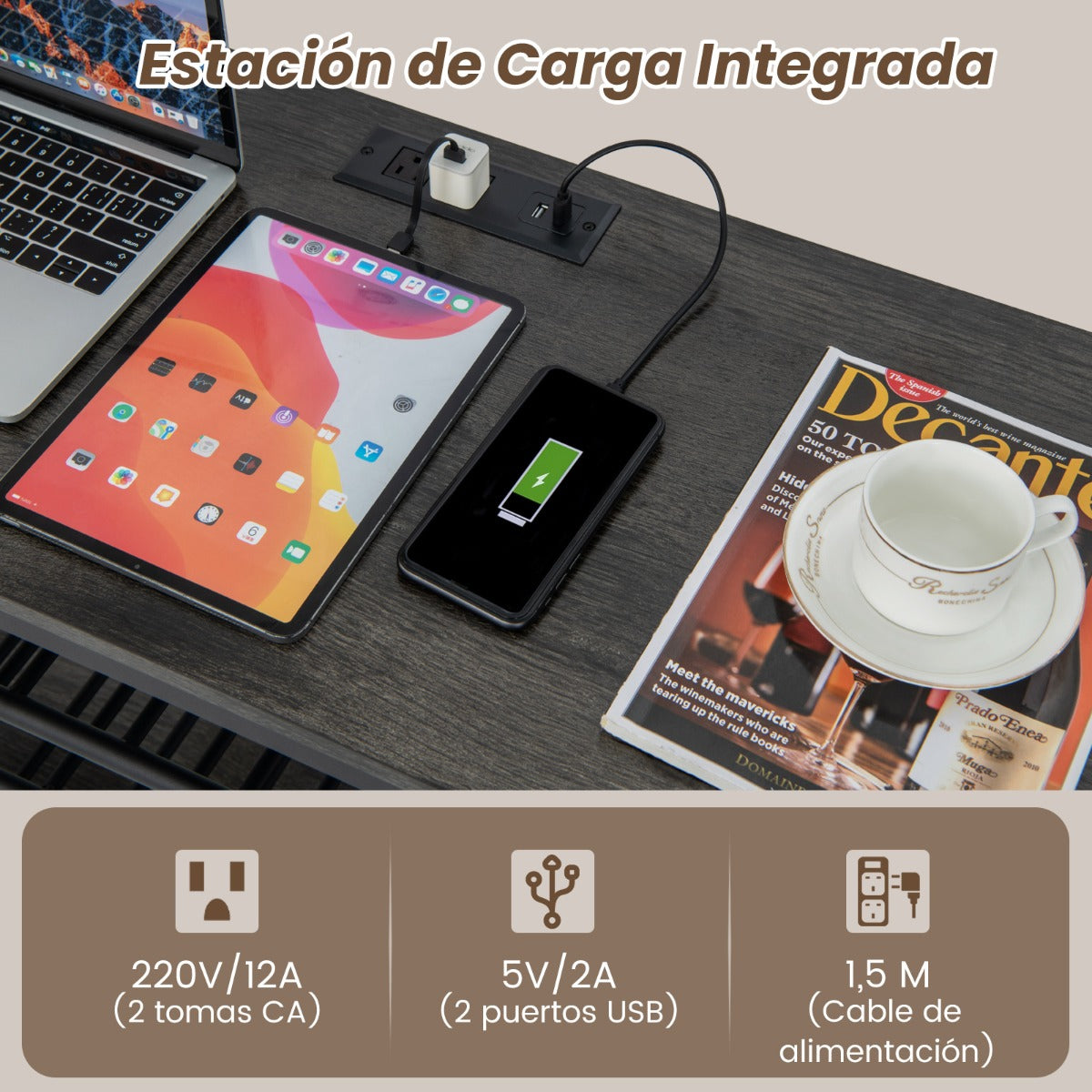 Gabinete de Vinos Estante para Vinos 3 Niveles con Soportes para Vasos Tomas de Corriente Botellero para Bar 120 x 40 x 92 cm Gris