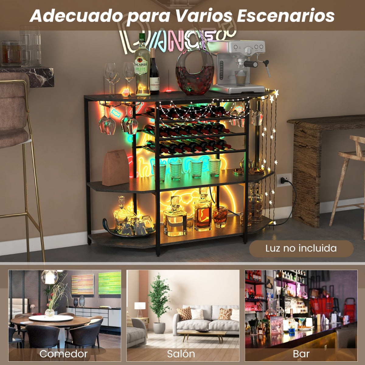 Gabinete de Vinos Estante para Vinos 3 Niveles con Soportes para Vasos Tomas de Corriente Botellero para Bar 120 x 40 x 92 cm Gris