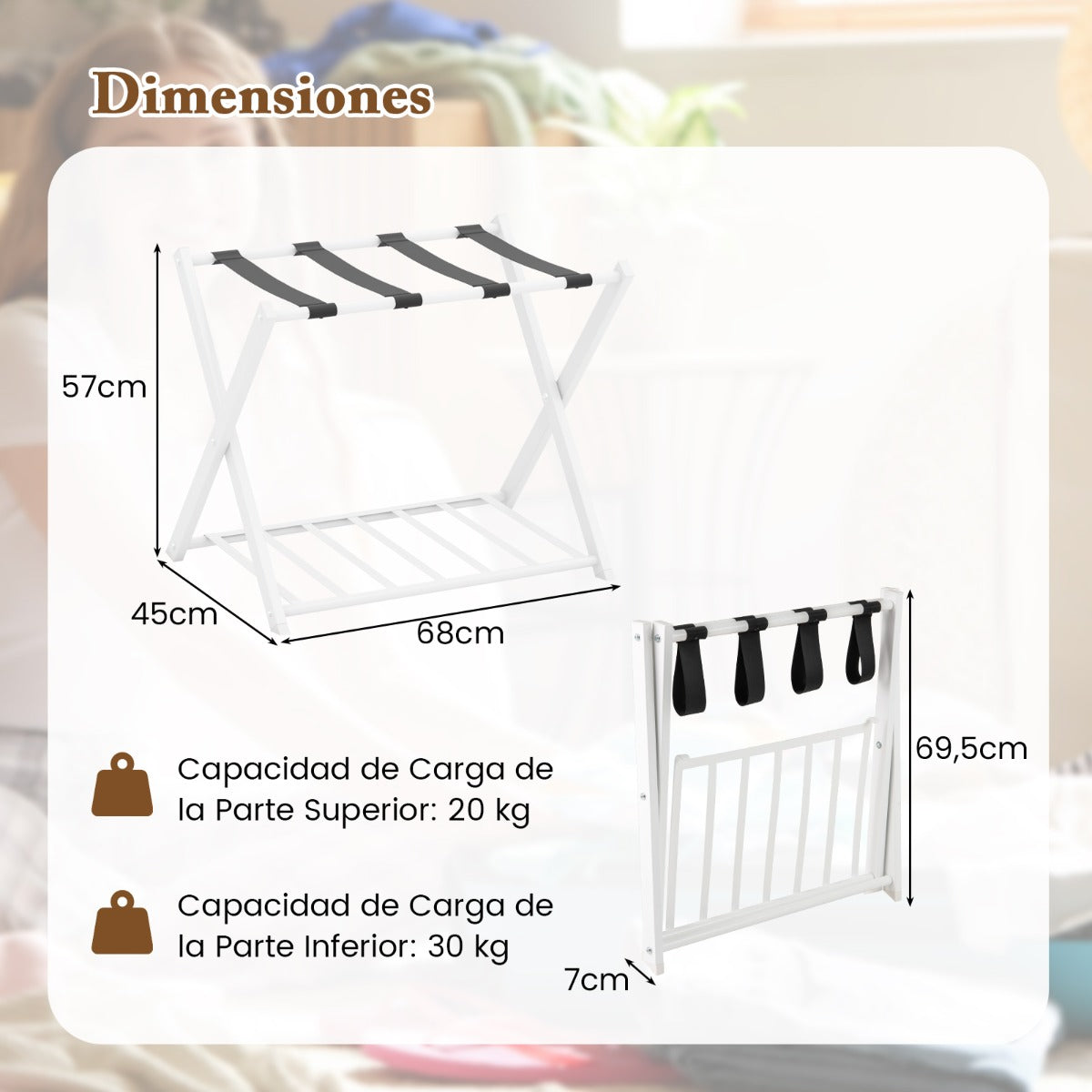 Estante Plegable para Maletero Soporte de Metal para Maletas Hasta 60kg con 4 Correas Estables y Diseño de 2 Pisos para Hogar Hotel Blanco