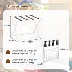 Estante Plegable para Maletero Soporte de Metal para Maletas Hasta 60kg con 4 Correas Estables y Diseño de 2 Pisos para Hogar Hotel Blanco