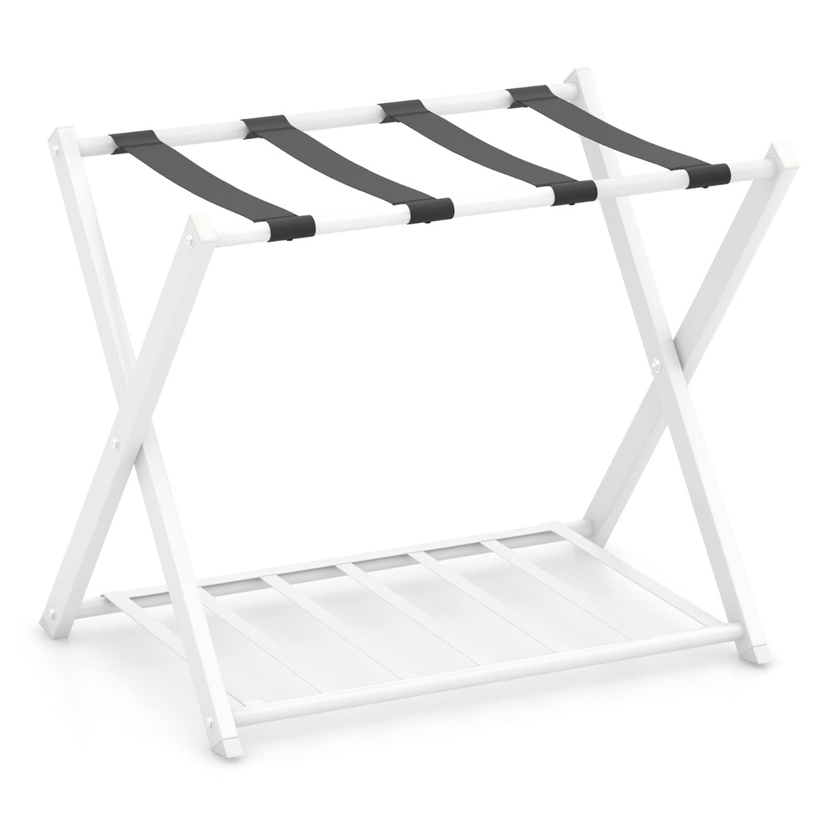 Estante Plegable para Maletero Soporte de Metal para Maletas Hasta 60kg con 4 Correas Estables y Diseño de 2 Pisos para Hogar Hotel Blanco