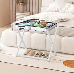 Estante Plegable para Maletero Soporte de Metal para Maletas Hasta 60kg con 4 Correas Estables y Diseño de 2 Pisos para Hogar Hotel Blanco