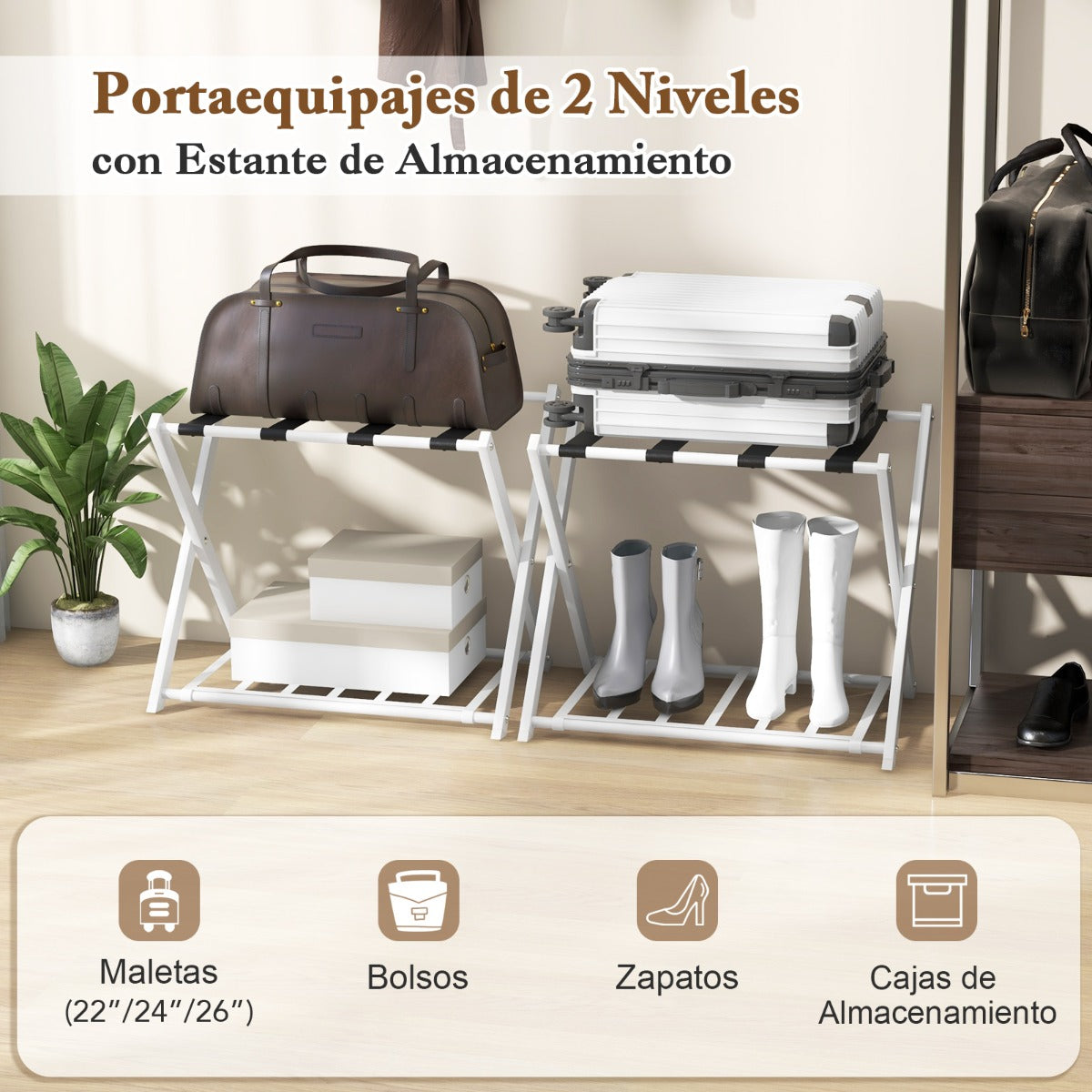 Estante Plegable para Maletero Soporte de Metal para Maletas Hasta 60kg con 4 Correas Estables y Diseño de 2 Pisos para Hogar Hotel Blanco