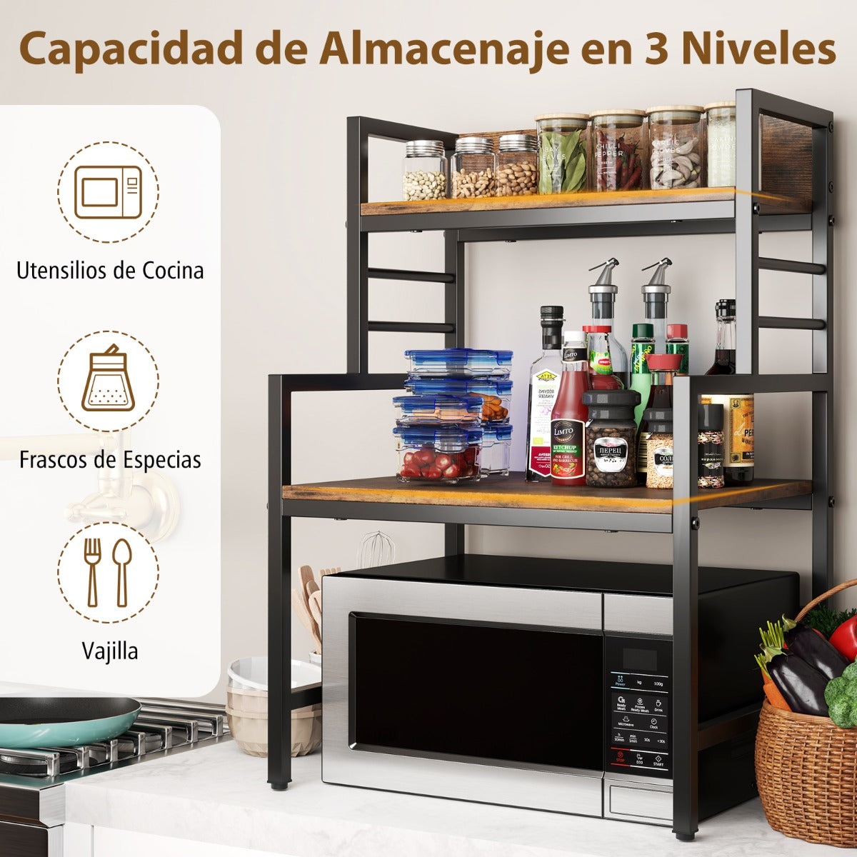 Soporte para Microondas de 3 Niveles para Cocina Organizador Industrial con 2 Estantes Ahorra Espacio Marco Metálico para Bar Marrón
