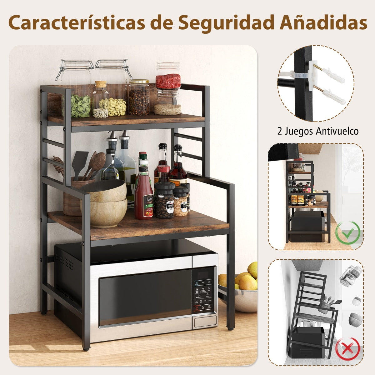 Soporte para Microondas de 3 Niveles para Cocina Organizador Industrial con 2 Estantes Ahorra Espacio Marco Metálico para Bar Marrón