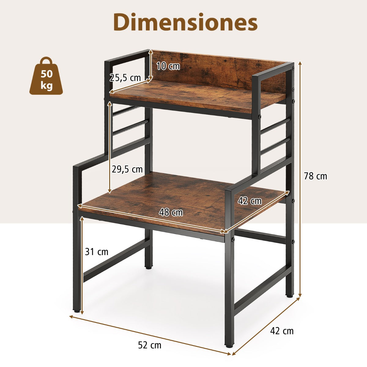 Soporte para Microondas de 3 Niveles para Cocina Organizador Industrial con 2 Estantes Ahorra Espacio Marco Metálico para Bar Marrón