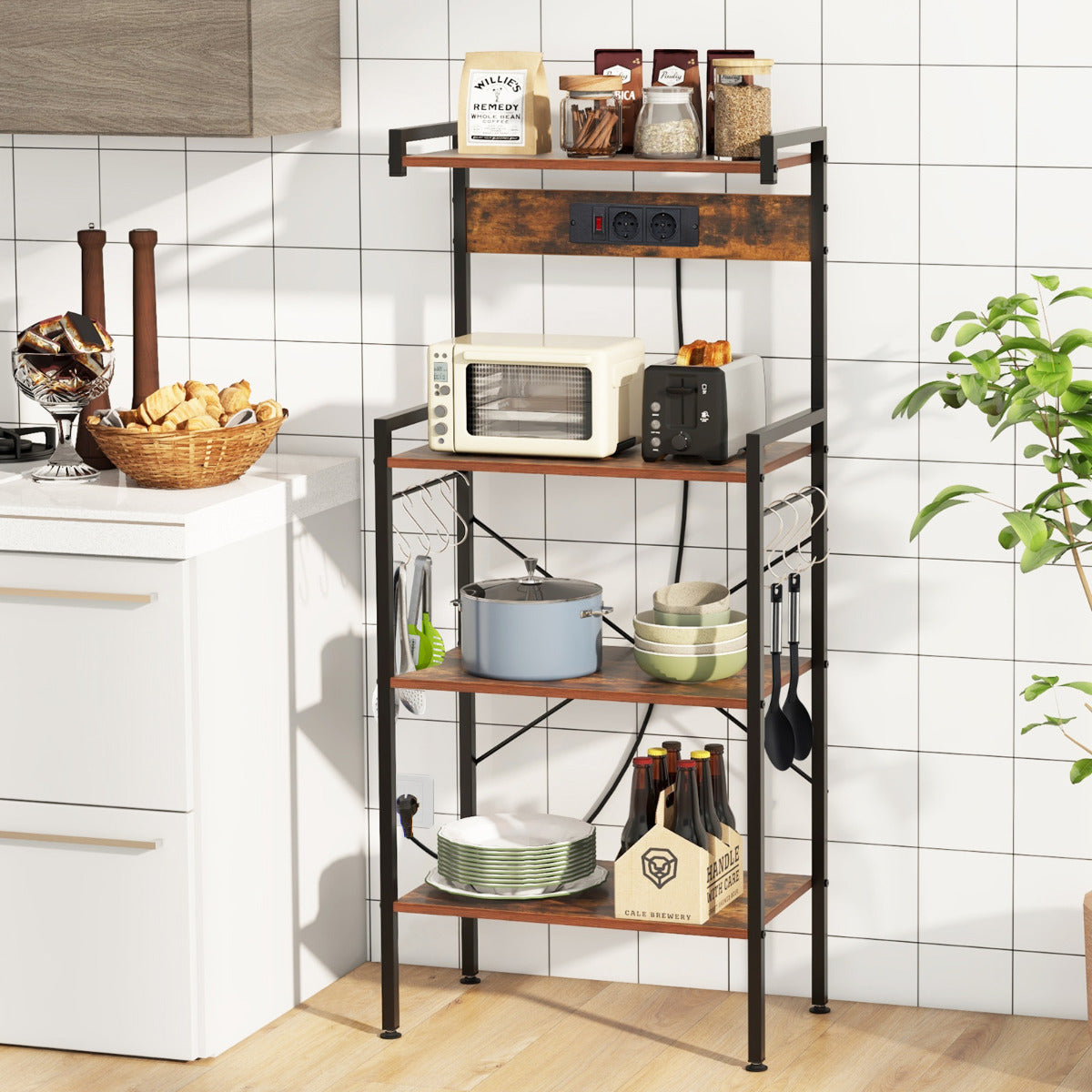 Estante para Panadería de Cocina con Enchufes Soporte para Microondas de 4 Niveles con 8 Ganchos Estación de Bar de Café para Comedor Marrón