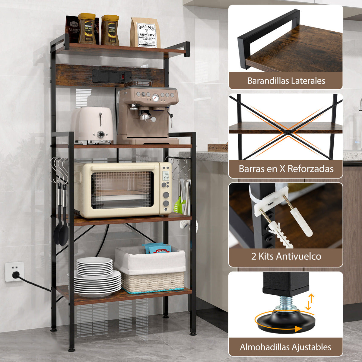 Estante para Panadería de Cocina con Enchufes Soporte para Microondas de 4 Niveles con 8 Ganchos Estación de Bar de Café para Comedor Marrón
