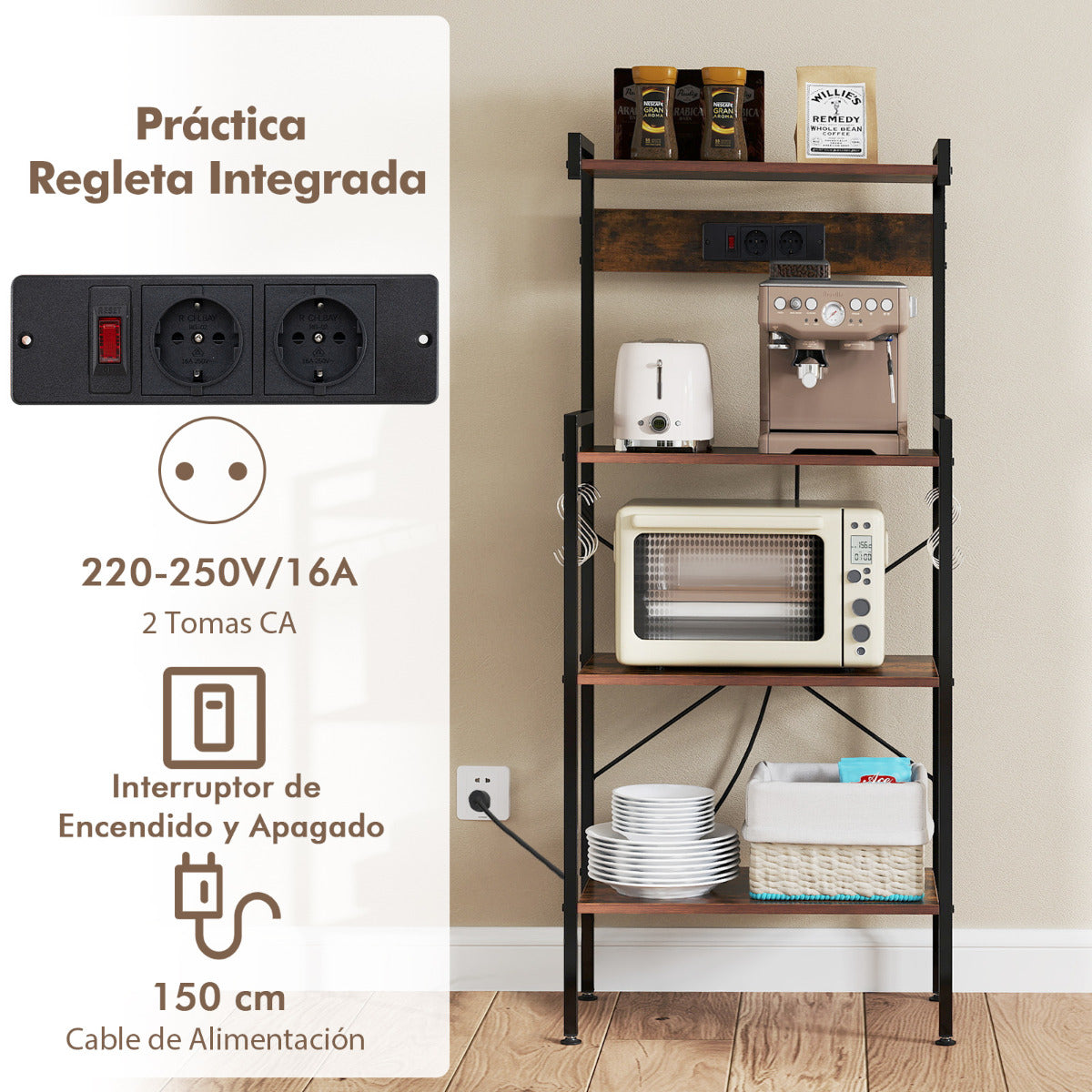 Estante para Panadería de Cocina con Enchufes Soporte para Microondas de 4 Niveles con 8 Ganchos Estación de Bar de Café para Comedor Marrón